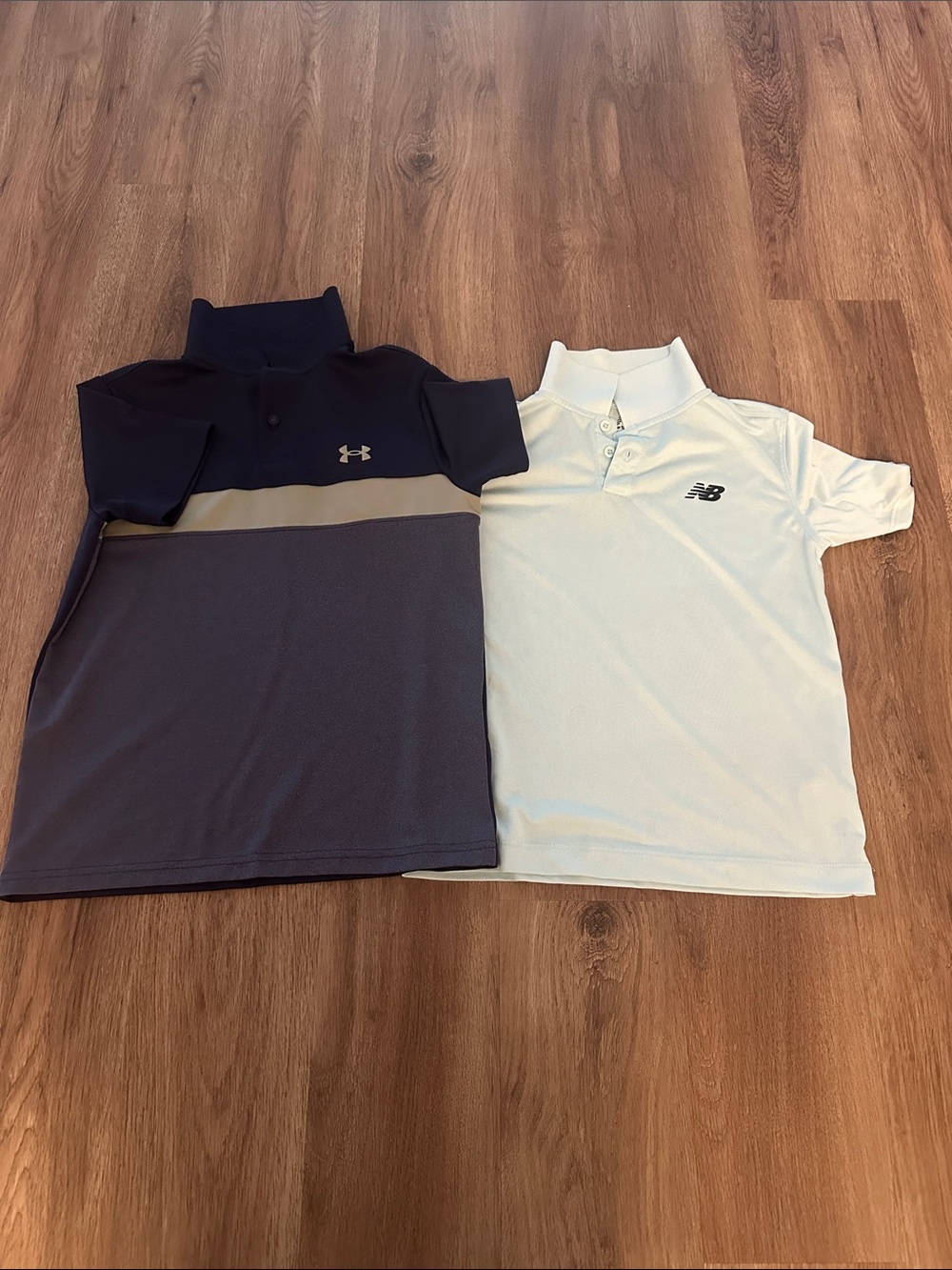 Under Armour Navy Polo Shirt with Gray Stripe and New Balance Light Blue Polo
